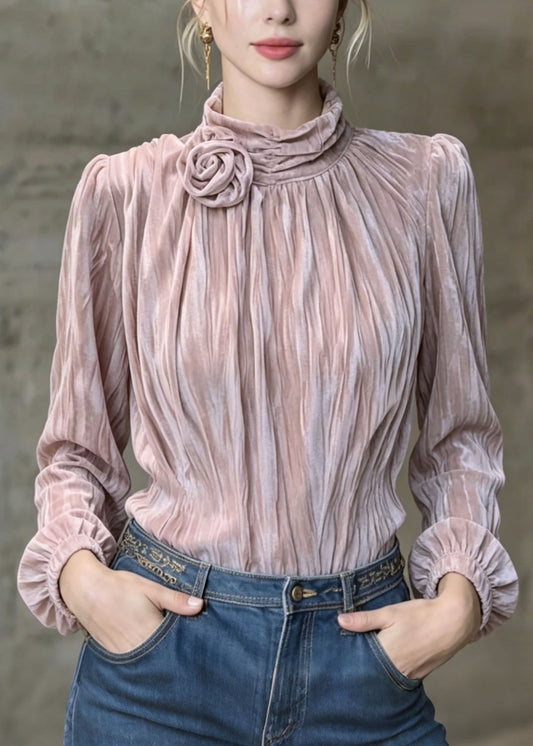 French Purple Floral Wrinkled Velour Shirt Top Spring