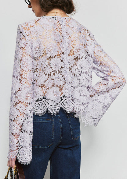 French Purple O Neck Hollow Out Lace Top Fall