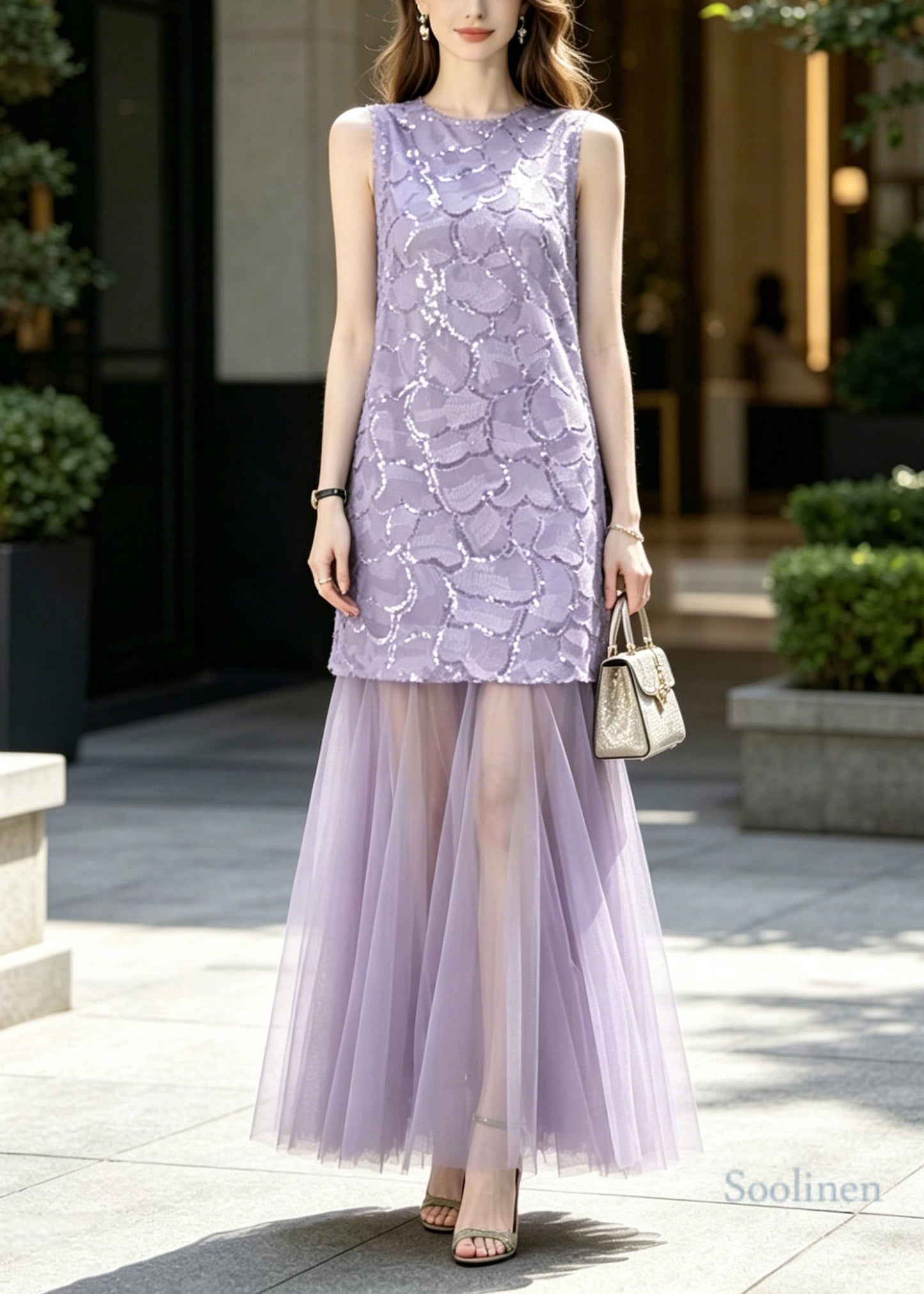 French Purple Sequins Patchwork Tulle Party Dress Sleeveless