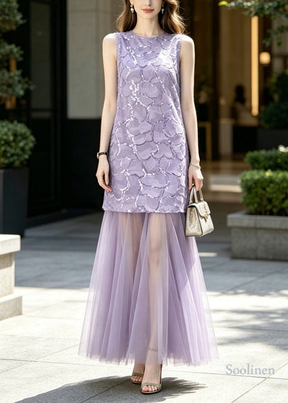 French Purple Sequins Patchwork Tulle Party Dress Sleeveless