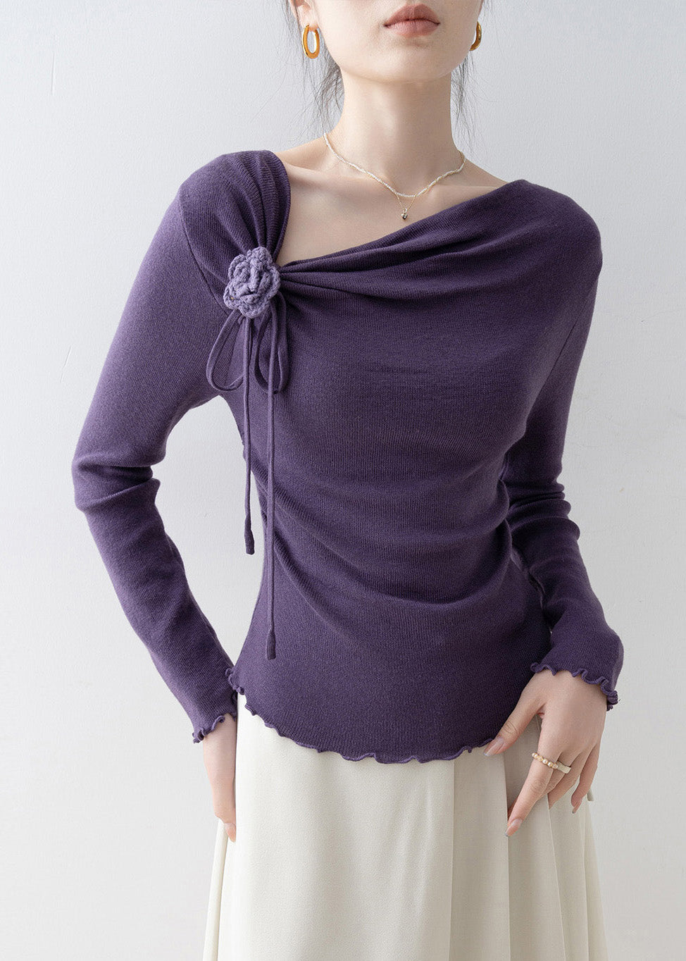 French Purple Slash Neck Ruffled Floral Knit Top Spring