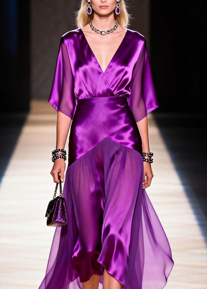 French Purple V Neck Patchwork Silk Dresses Summer