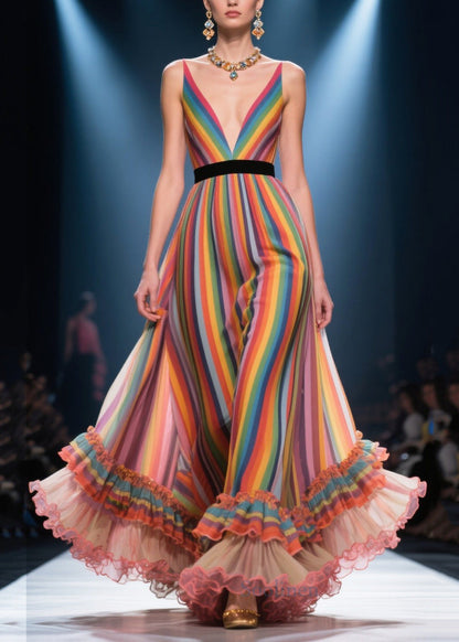 French Rainbow Deep-V Neck Patchwork Ruffled Chiffon Evening Dress Summer