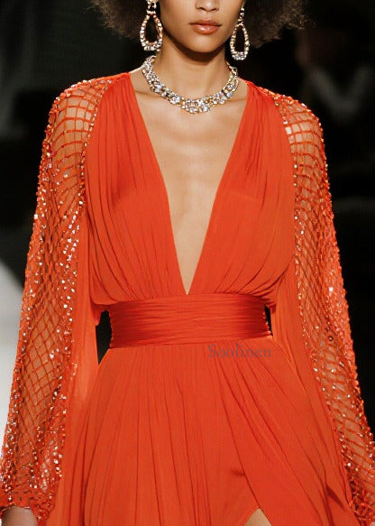 French Red Exra Large Hem Side Open Patchwork Mesh Chiffon Party Dresses Summer