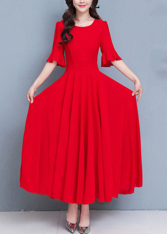 French Red O-Neck Patchwork High Waist Solid Maxi Dress Summer