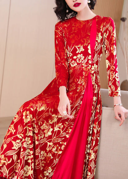 French Red Print Hollow Out Wrinkled Silk Velvet Long Dresses Fall