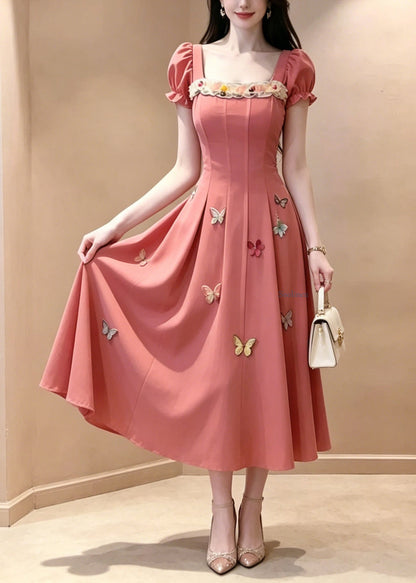French Red Square Collar Butterfly Maxi Dress Summer