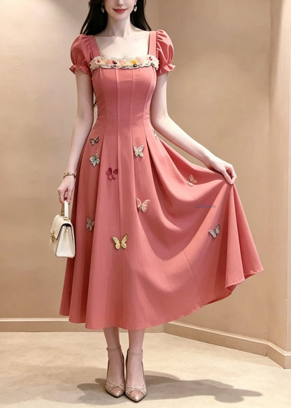 French Red Square Collar Butterfly Maxi Dress Summer