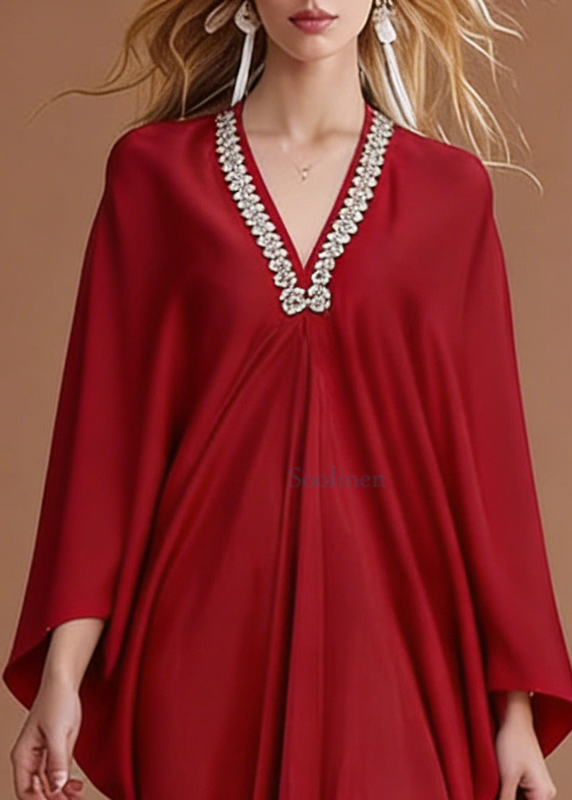 French Red V Neck Zircon Silk Party Dresses Batwing Sleeve