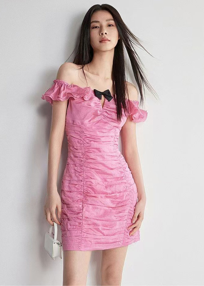 French Rose Cold Shoulder Wrinkled Cotton Vacation Dress Summer