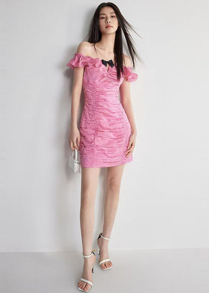 French Rose Cold Shoulder Wrinkled Cotton Vacation Dress Summer