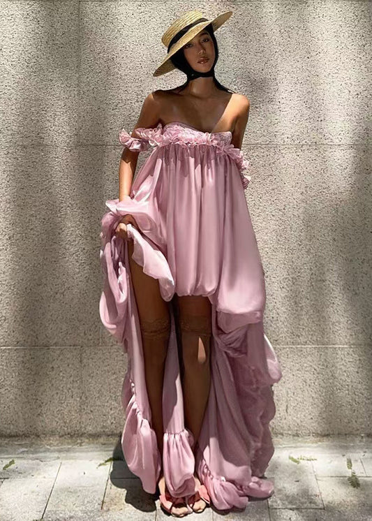 French Rose Ruffled Low High Design Chiffon Strapless Dresses Summer