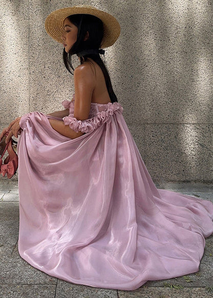French Rose Ruffled Low High Design Chiffon Strapless Dresses Summer