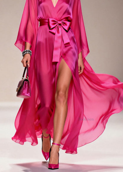 French Rose V Neck Side Open Bow Chiffon Dress Summer