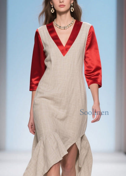French Ruffled Asymmetrical Patchwork Linen Silk Dress Summer