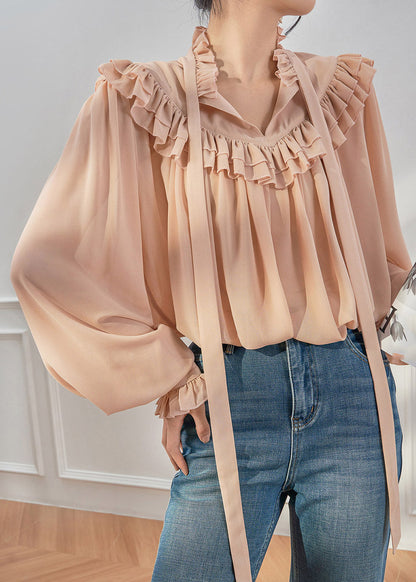 French Ruffled Ribbon Solid Chiffon Shirts Spring