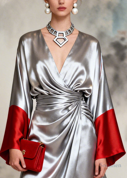 French Silvery Exra Large Hem Side Open Patchwork Silk Dresses Long Sleeve