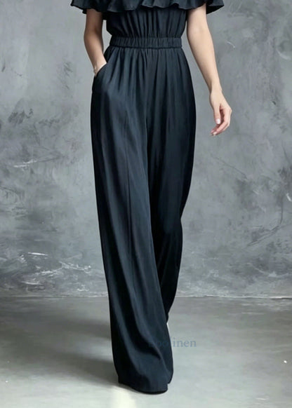 French Slash Neck Ruffled Patchwork Cotton Jumpsuit Summer