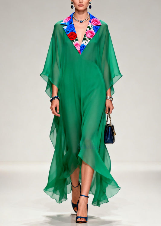 French Tea Green Notched Patchwork Chiffon Long Dresses Summer