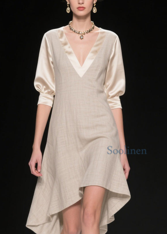 French V Neck Asymmetrical Patchwork Linen Silk Dresses Summer