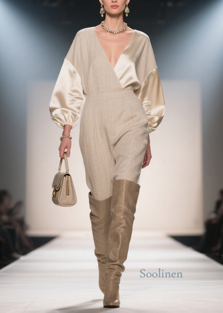 French V Neck Patchwork Linen Silk Jumpsuits Spring