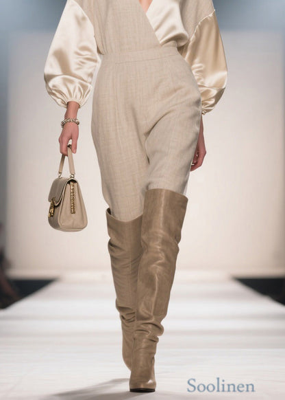 French V Neck Patchwork Linen Silk Jumpsuits Spring