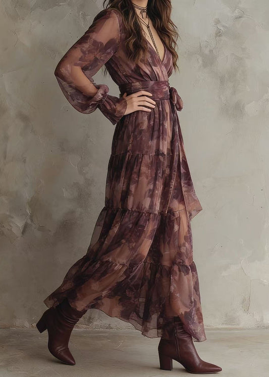 French V Neck Print Patchwork Chiffon Ankle Dress Summer