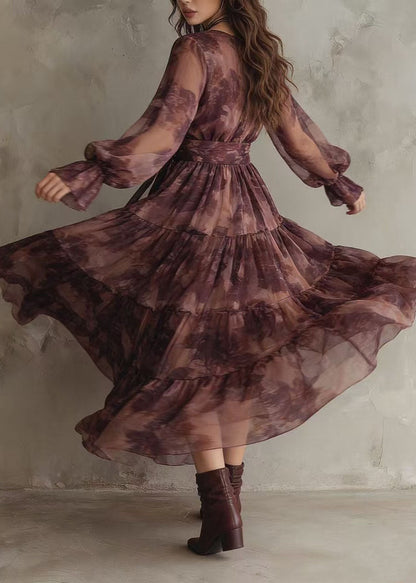French V Neck Print Patchwork Chiffon Ankle Dress Summer