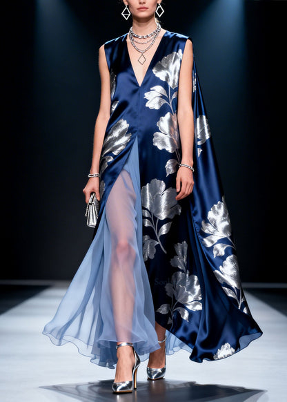 French V Neck Print Patchwork Silk Dress Sleeveless