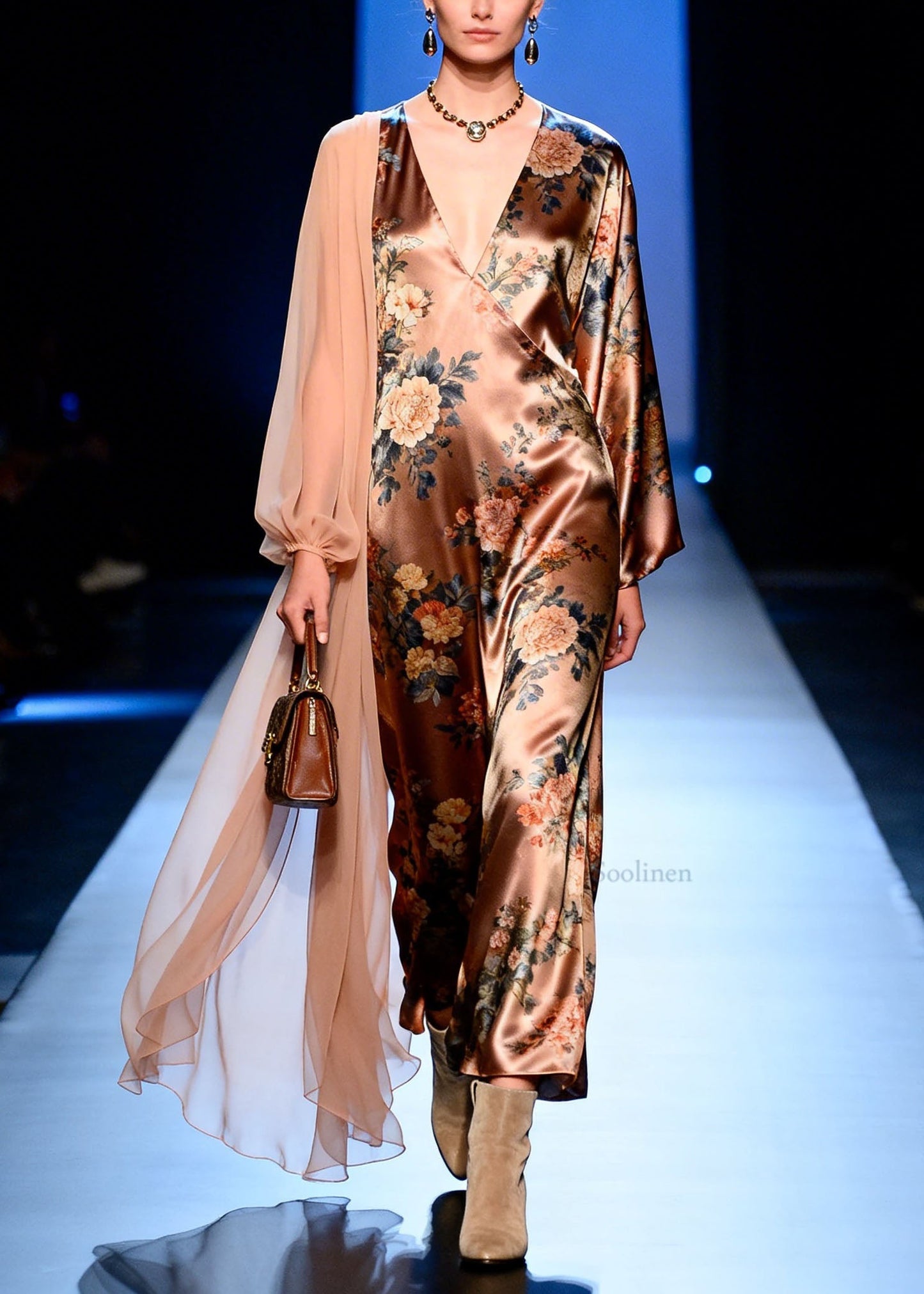 French V Neck Print Patchwork Silk Dresses Spring