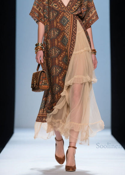 French V Neck Print Ruffled Patchwork Cotton Dress Summer