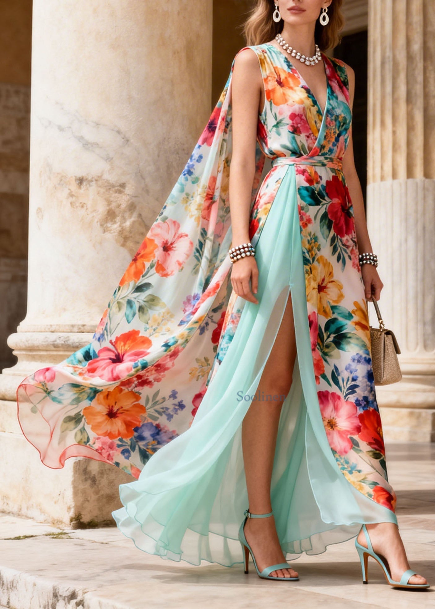 French V Neck Print Side Open Patchwork Chiffon Dresses Summer