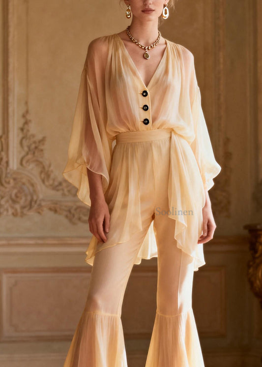 French V Neck Ruffled Patchwork Silk Two Piece Set Outfits Summer
