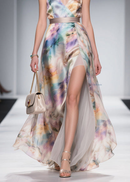 French V Neck Side Open Silk Maxi Spaghetti Strap Dress Summer