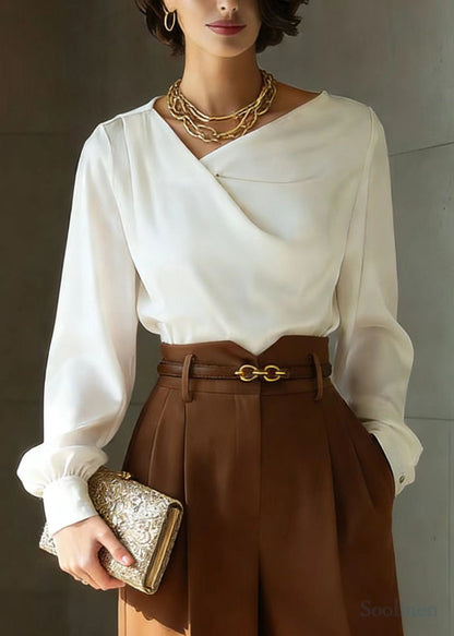 French White Asymmetrical Draping Silk Blouse Top Spring