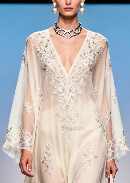 French White Embroidered Exra Large Hem Chiffon Party Dress Summer