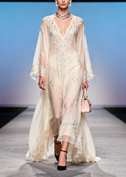 French White Embroidered Exra Large Hem Chiffon Party Dress Summer