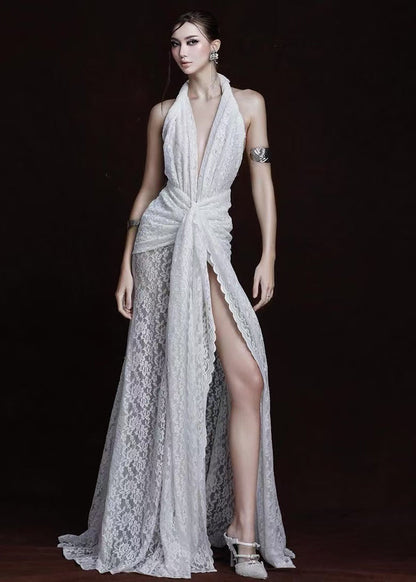 French White Halter Side Open Lace Party Dresses Summer