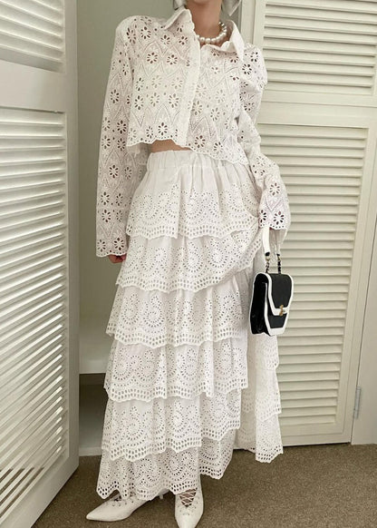 French White Hollow Out Shirts And Skirts Cotton Two Piece Set Spring