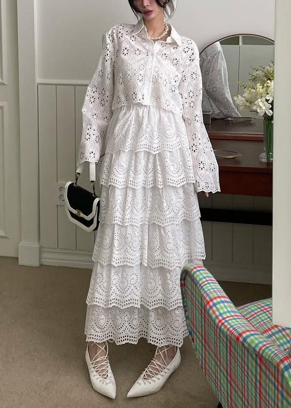 French White Hollow Out Shirts And Skirts Cotton Two Piece Set Spring