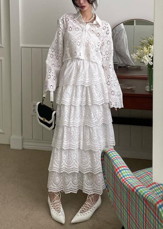 French White Hollow Out Shirts And Skirts Cotton Two Piece Set Spring