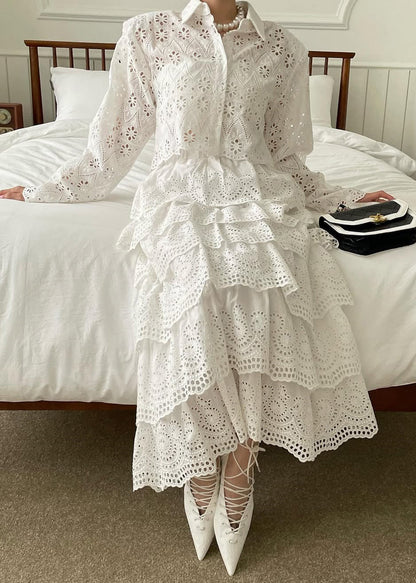 French White Hollow Out Shirts And Skirts Cotton Two Piece Set Spring