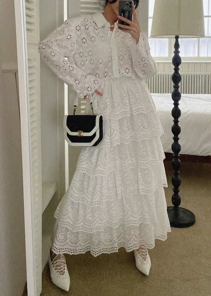 French White Hollow Out Shirts And Skirts Cotton Two Piece Set Spring
