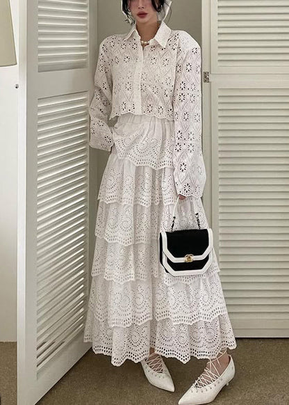 French White Hollow Out Shirts And Skirts Cotton Two Piece Set Spring