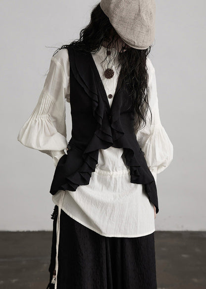 French White O-Neck Puff Sleeve Patchwork Cotton Tops Spring