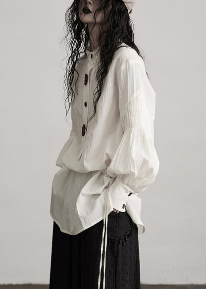 French White O-Neck Puff Sleeve Patchwork Cotton Tops Spring