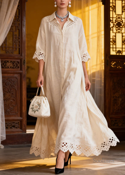 French White Oversized Hollow Out Cotton A Line Dresses Summer