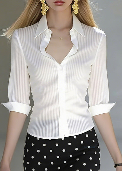 French White Peter Pan Collar Shirts And Skirts Two Piece Set Half Sleeve