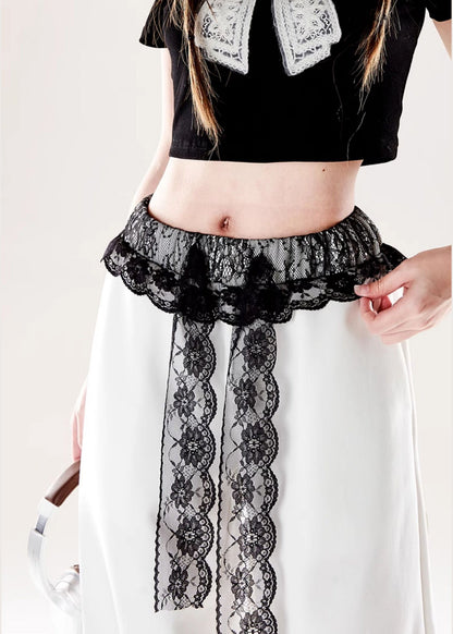 French White Print Patchwork Lace Wide Leg Pants Fall