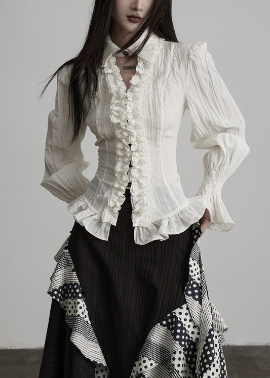 French White Ruffled Cinched Cotton Shirt Top Spring